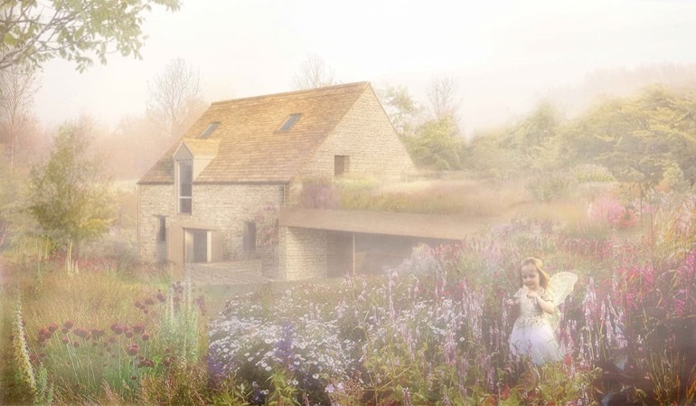 Cotswold stone house in a wildflower garden, illustration for MHW article on being a client and an architect