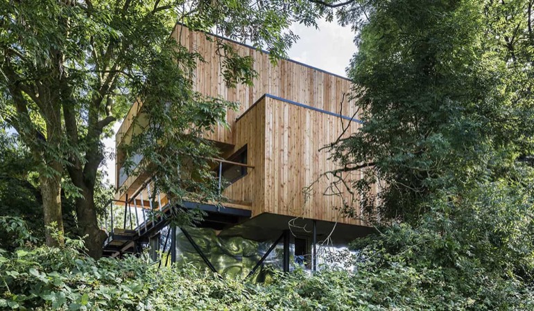 Dursley Treehouse timber-clad home raised among trees, illustration for MHW article on building within trees